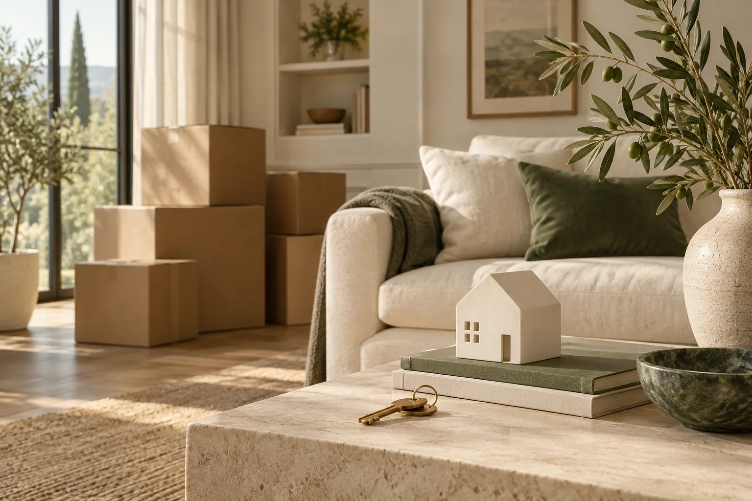 Conceptual illustration of a sofa, moving boxes, a model home and keys