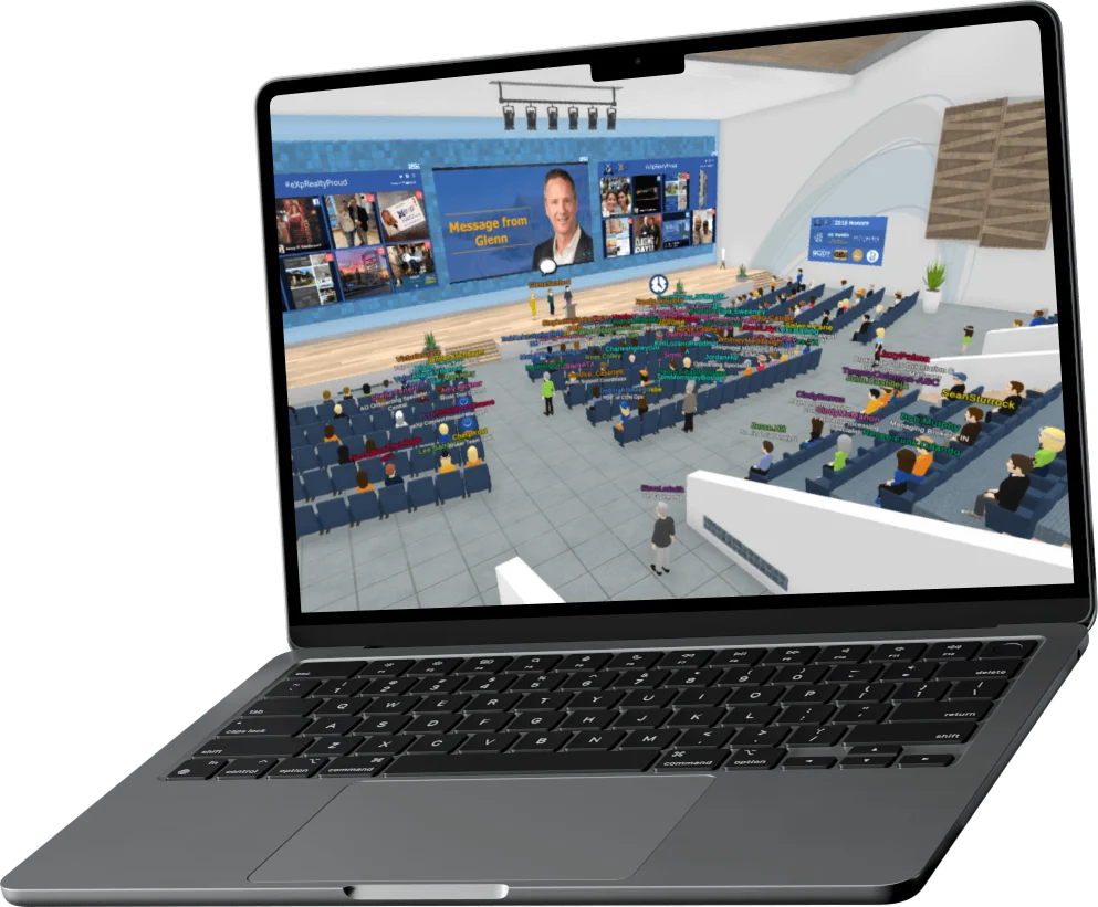 Official eXp World product preview showing a virtual auditorium on a laptop